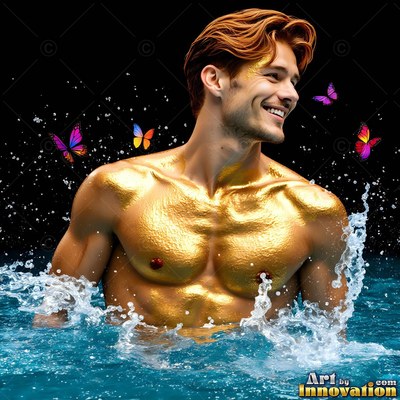 A shirtless smiling man covered in gold paint splashes in dark blue water