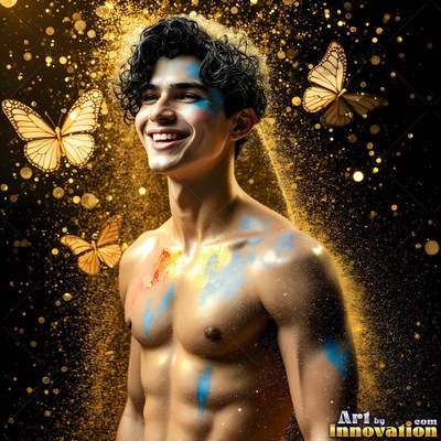 In swirling gold powder, a shirtless man smiles near butterflies