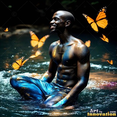 A grinning shirtless man sits in water with orange butterflies