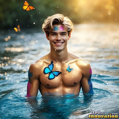 Blue butterflies on his bare chest, a smiling man stands in sunlit blue water