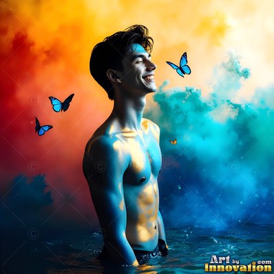 A shirtless man smiles in water as blue butterflies flutter past warm orange smoke