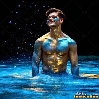 Standing waist-deep in water, a shirtless smiling man is dusted with blue and gold powder