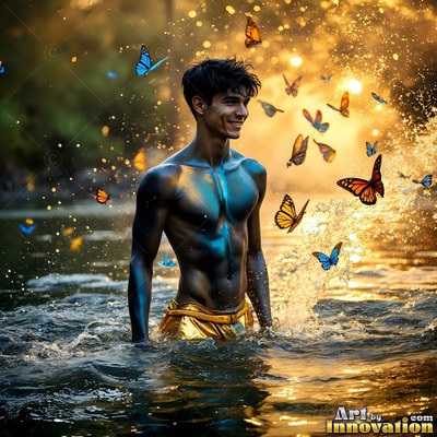 A shirtless smiling man wades in river water surrounded by butterflies in warm light