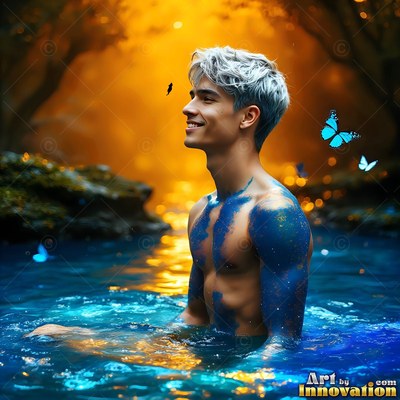 In a forest pool, a shirtless man with blue body paint smiles near butterflies