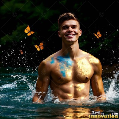 A shirtless man with a smile in water covered in gold and blue powder