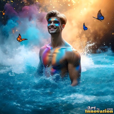 Painted across his chest, a shirtless smiling man stands in blue water with butterflies around him
