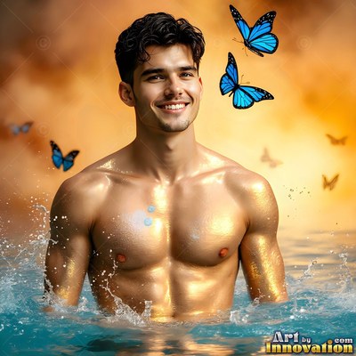 A shirtless man smiles in water as blue butterflies fly in warm light