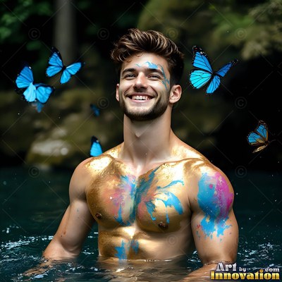 Standing in water, a shirtless smiling man is covered in gold paint