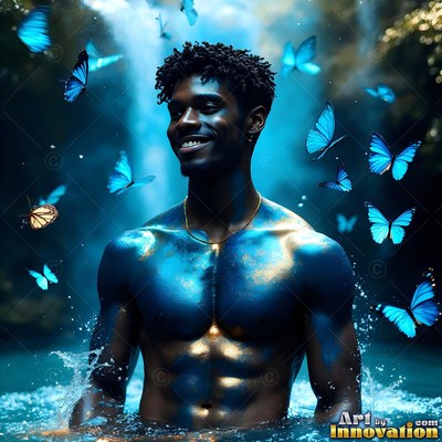 A smiling man covered in blue paint stands in water with blue butterflies