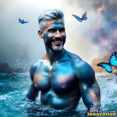 In choppy water, a smiling shirtless man with blue body paint watches butterflies