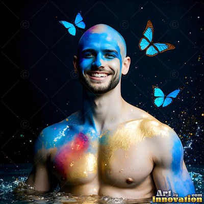 Shirtless man with a smile in water covered in blue and gold paint