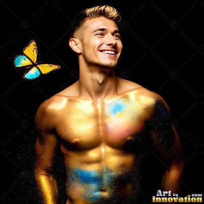 Gold powder covers the chest of a man with no shirt smiling against a black background
