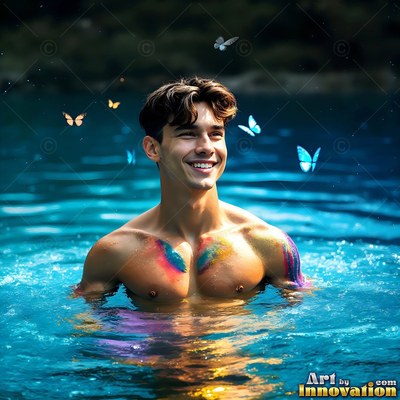 A man with no shirt smiling stands in clear water with colorful powder dusted across his chest