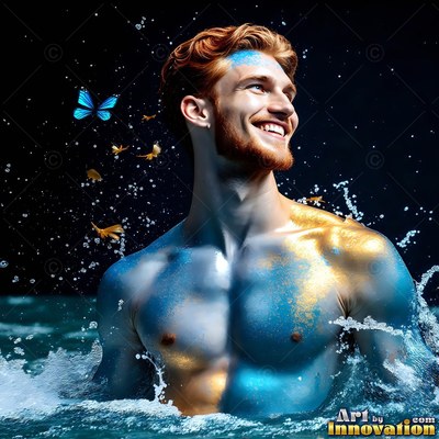 Turned sideways in splashing water, a smiling man wears blue and gold paint