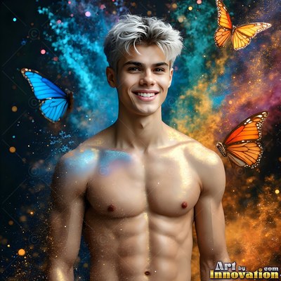 A grinning shirtless man with butterflies and blue powder around him