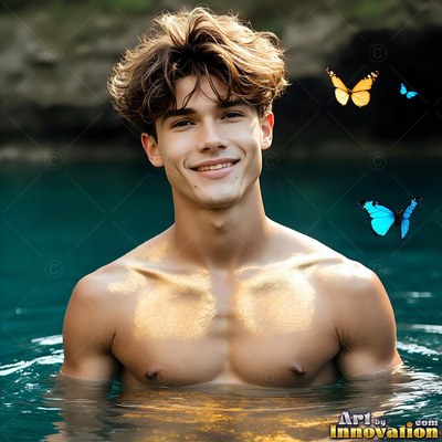In blue water, a shirtless smiling young man stands near flying butterflies
