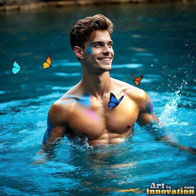 Wading in bright blue water, a shirtless man with a smile is joined by butterflies