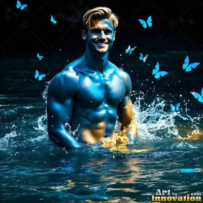 Smiling blue man wading in dark water near butterflies