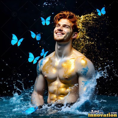 Gold paint on his chest, a shirtless man with a smile stands in water with blue butterflies