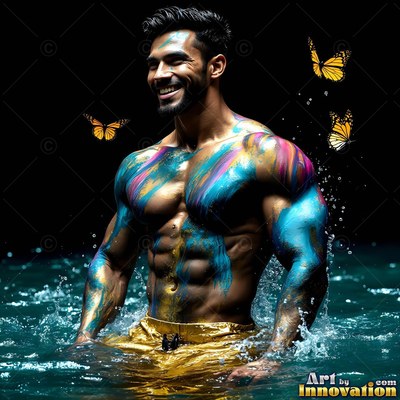 A shirtless smiling man wades in dark water, painted with bright blue and gold powder