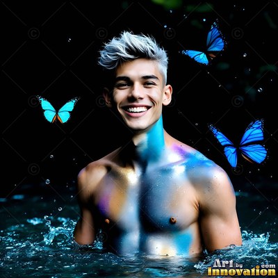 Smiling shirtless in dark water, a man is surrounded by blue butterflies