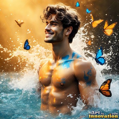 A grinning shirtless man stands in water surrounded by splashing spray and butterflies