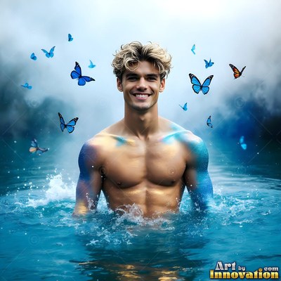 In blue water, a shirtless smiling man stands surrounded by butterflies