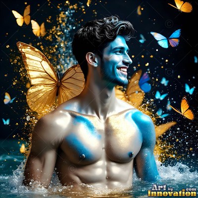 Smiling in dark water, a shirtless man is surrounded by gold and blue butterflies