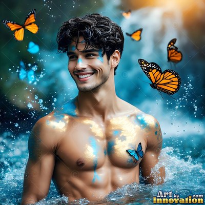 Blue paint streaks the chest of a smiling shirtless man standing in swirling water with butterflies around him