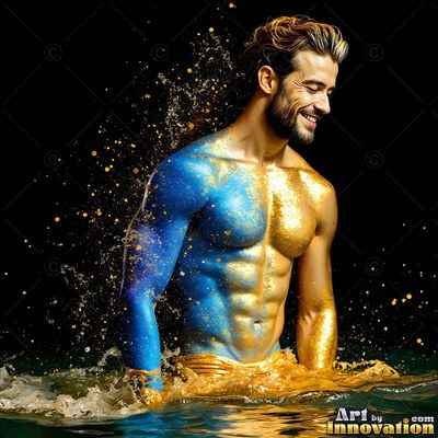 A smiling shirtless man stands in dark water, coated in blue and gold paint with bright flecks
