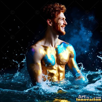 Standing waist-deep in dark water, a smiling man wears gold and blue paint