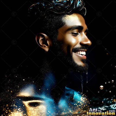 A smiling, bearded man covered in blue and gold specks against black