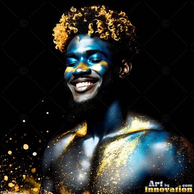 In the dark, a smiling man covered in blue paint and gold glitter closes his eyes