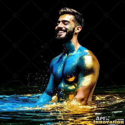 Grinning shirtless man coated in blue and gold paint in dark water