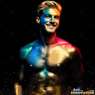 Blue and gold powder covers the chest of a man with no shirt smiling against black