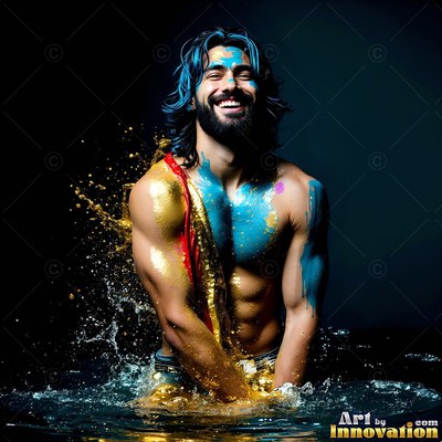 A shirtless smiling man stands in dark water, splashed with gold and turquoise paint