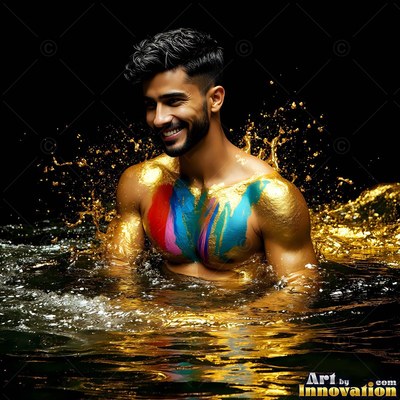 A smiling man with colorful paint on his chest stands in dark water splashing gold droplets