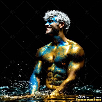 In dark water, a man with no shirt smiling is painted with blue and gold powder