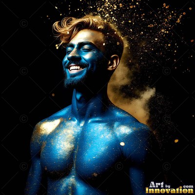 Man with no shirt smiling covered in blue paint and gold dust