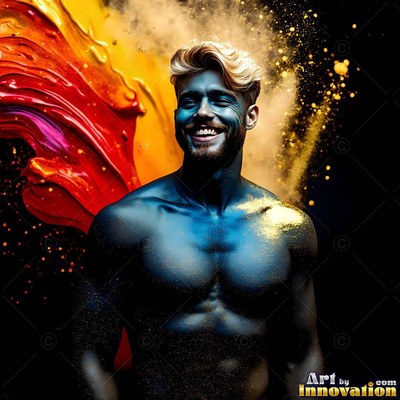 Blue paint on his skin, a shirtless man smiles before clouds of gold powder