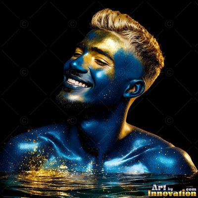 Smiling with head tilted back in dark water, a man covered in blue and gold powder