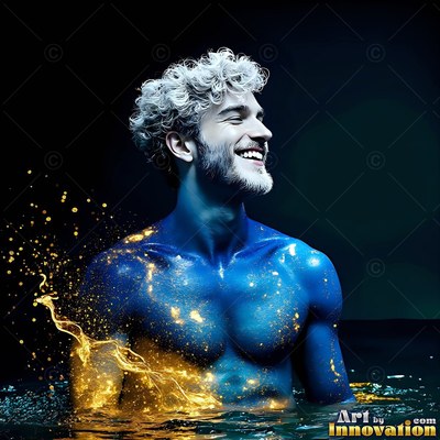 A smiling man with blue skin and curly hair stands in dark water with gold sparks