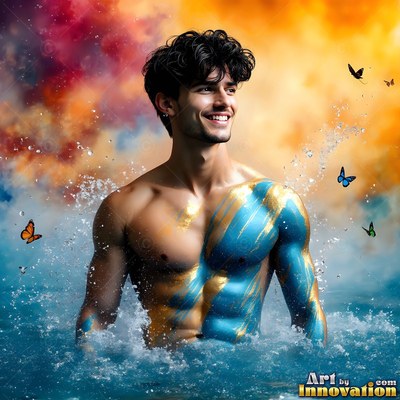 In churning water, a shirtless man with a smile with blue and gold paint turns his head