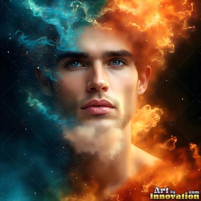 Looking forward, a shirtless man is surrounded by swirling blue and orange smoke