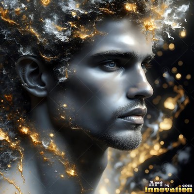 A man in profile with gold flecks in his dark hair