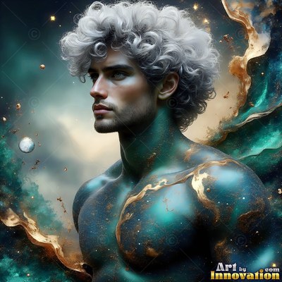 Silver curls top the head of a shirtless man surrounded by blue and gold clouds