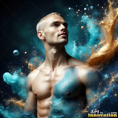 A shirtless man looks upward as splashes of blue powder and gold liquid swirl around him