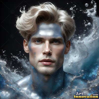 Facing forward in dark water, a shirtless man covered in blue paint and splashes