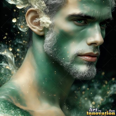 A bearded man dusted with green powder and gold flecks looks aside against black