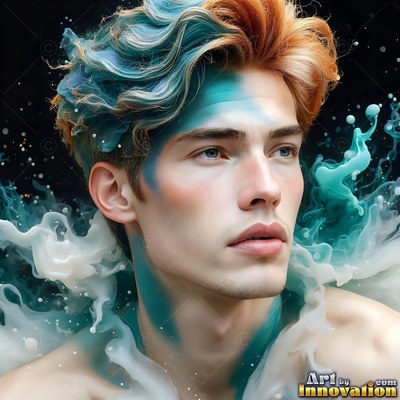 Against a dark background, a shirtless man is surrounded by swirling teal smoke